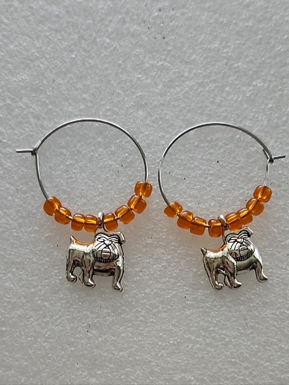 Hand Crafted Silver Dog Charm Hoop Earrings with Amber Beads